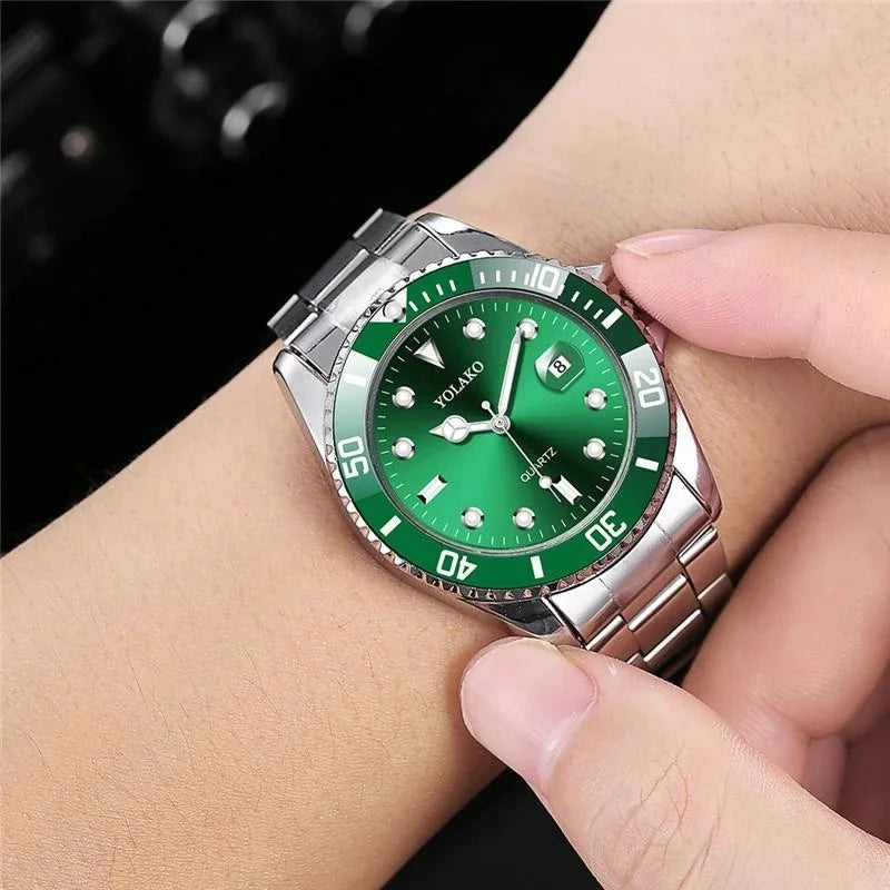 Montre homme tendance – Montre-bracelet à quartz de style business et sportif, cadran vert, affichage du calendrier, design décontracté et élégant, étanche.