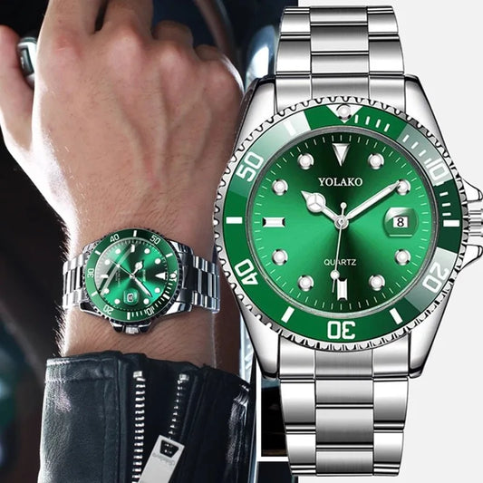Montre homme tendance – Montre-bracelet à quartz de style business et sportif, cadran vert, affichage du calendrier, design décontracté et élégant, étanche.