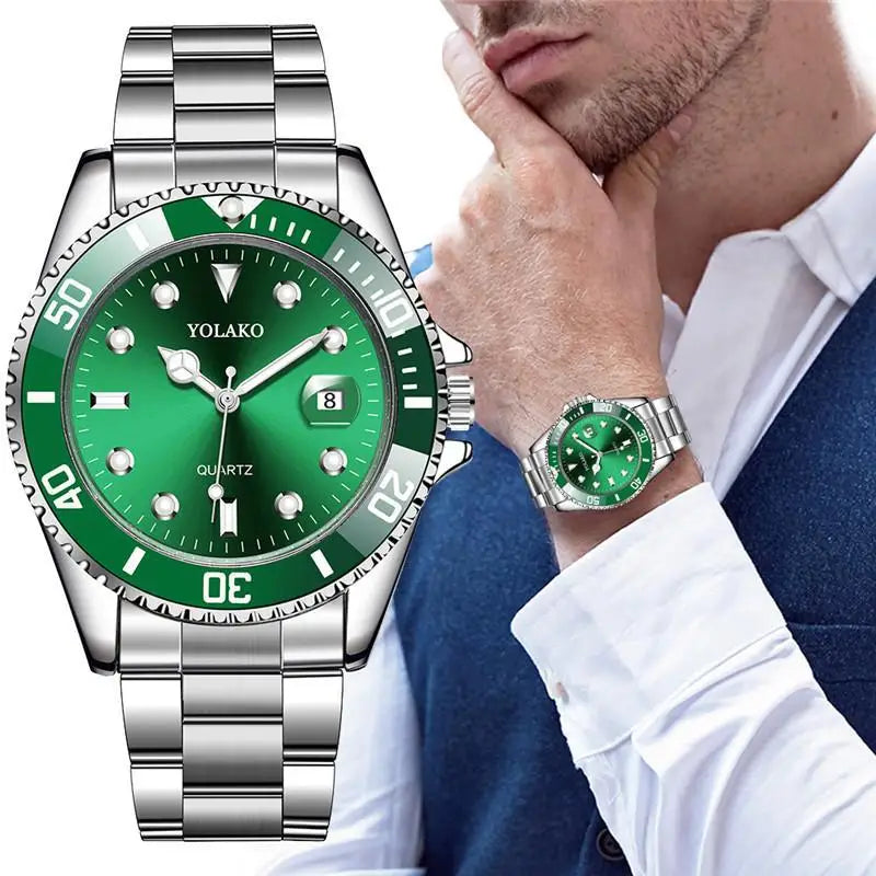 Montre homme tendance – Montre-bracelet à quartz de style business et sportif, cadran vert, affichage du calendrier, design décontracté et élégant, étanche.