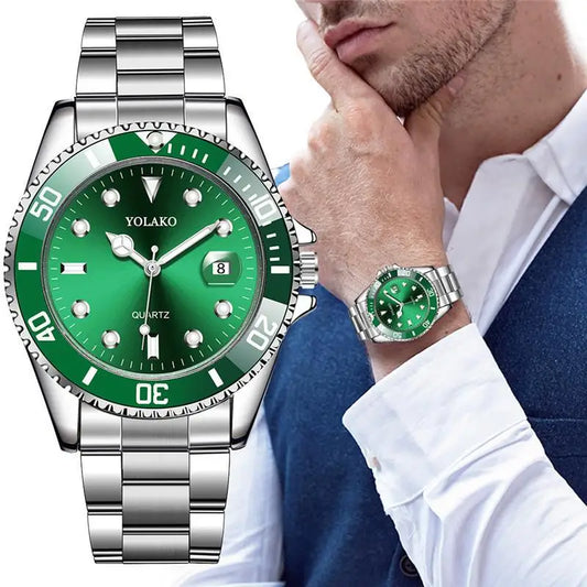 Montre homme tendance – Montre-bracelet à quartz de style business et sportif, cadran vert, affichage du calendrier, design décontracté et élégant, étanche.