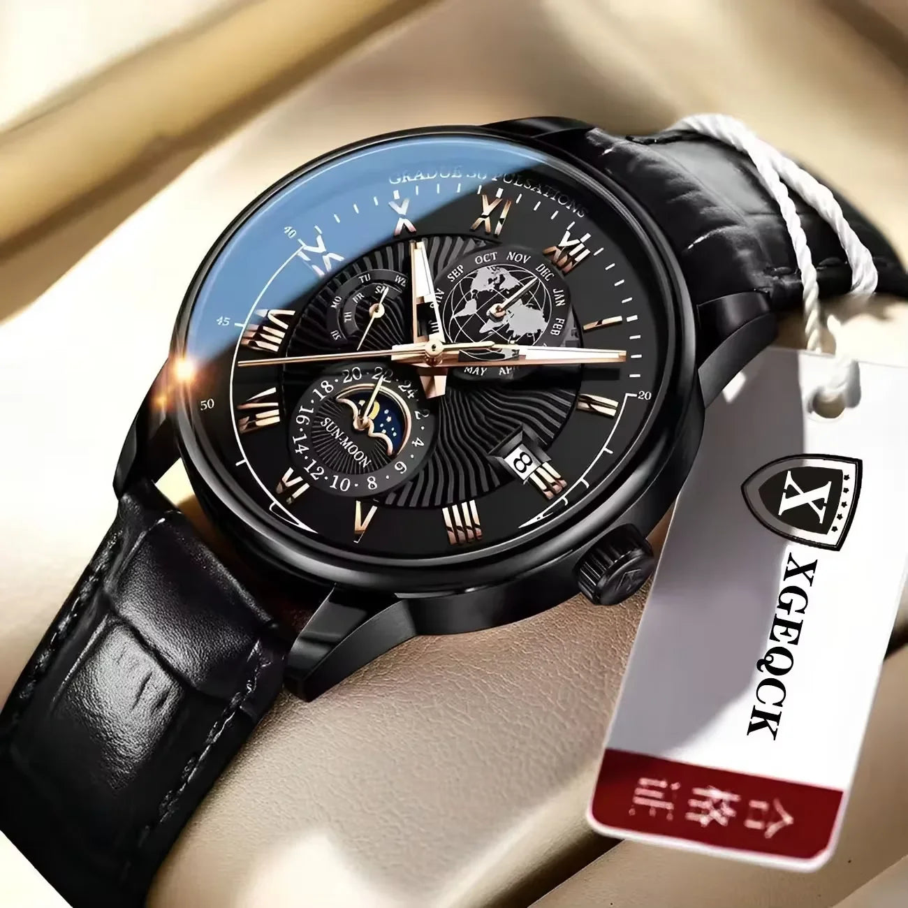 Montre homme  ,Sport & Fashion ,Bracelet cuir ,Quartz ,Date , Lumineuse ,Étanche .